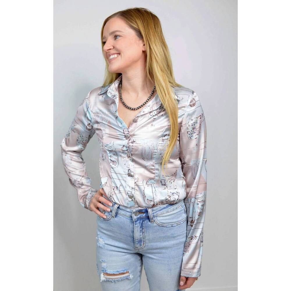 NEW BLUE B western print satin bodysuit in multicolor